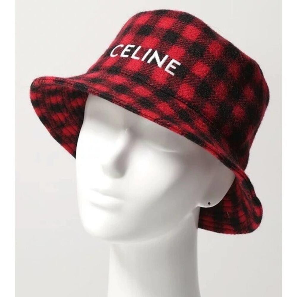 Celine Paris Black Red Checkered Check Wool White Logo Sun Fall Bucket Hat M - Picture 3 of 10